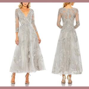 NWT Mac Duggal [ 8 ] 20336 Embellished Wrap Over 3/4 Sleeve‎ Midi Dress Platinum